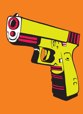 Поп арт постер с пистолет на оранжев фон